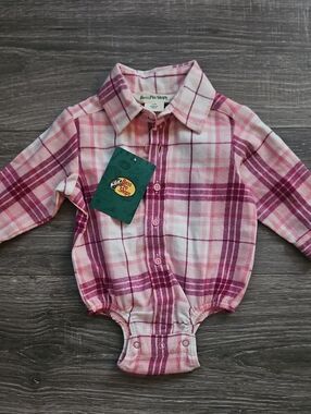 Bass Pro Shops Pink Plaid Flannel Long-Sleeve Button Bodysuit- 6M
